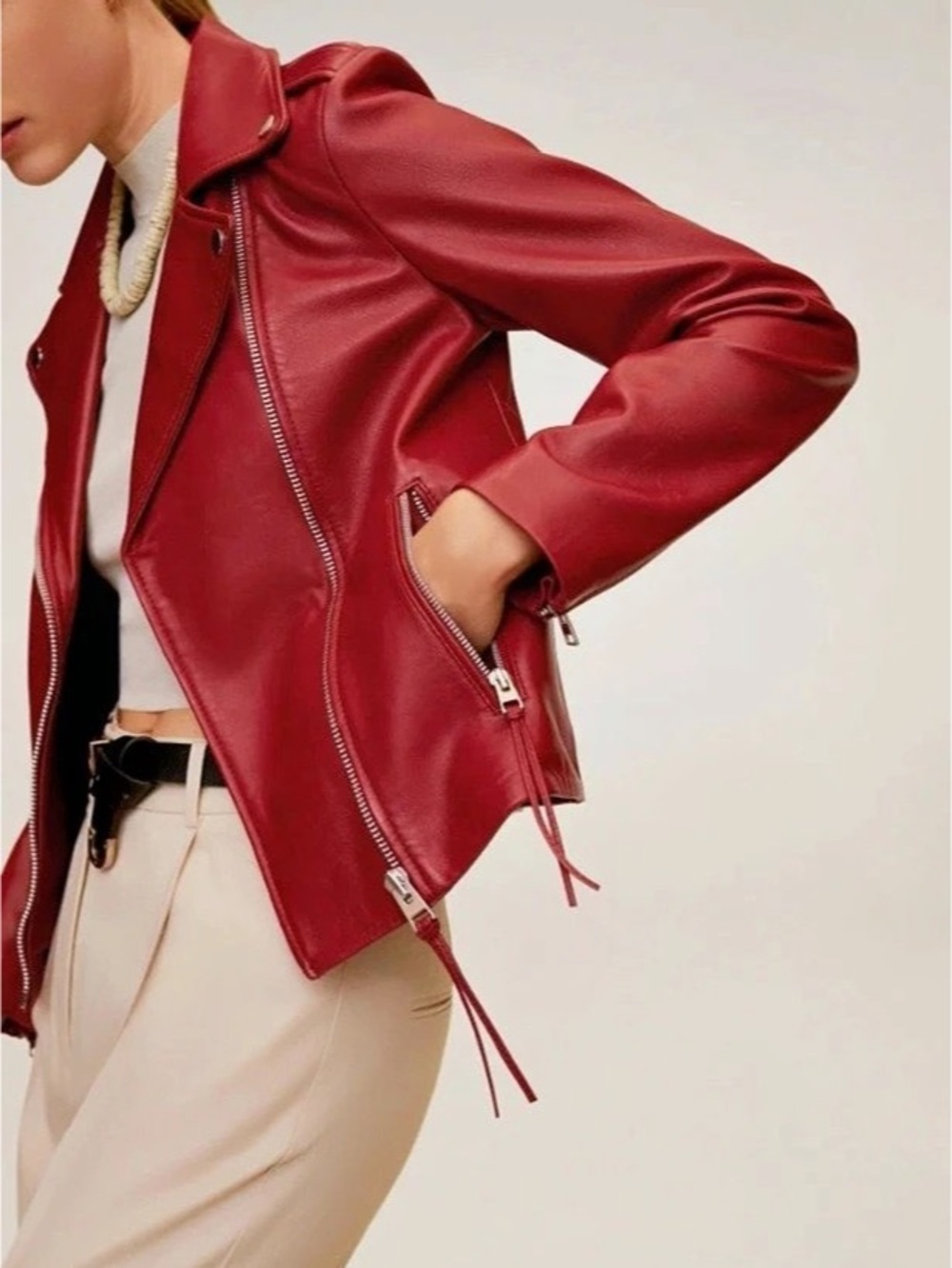 Mango Womens Red Genuine Leather Motorcycle Biker Zip Jacket Small NWT